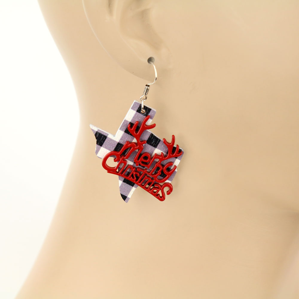 Christmas Texas Map Wood Dangle Earrings - Image 2