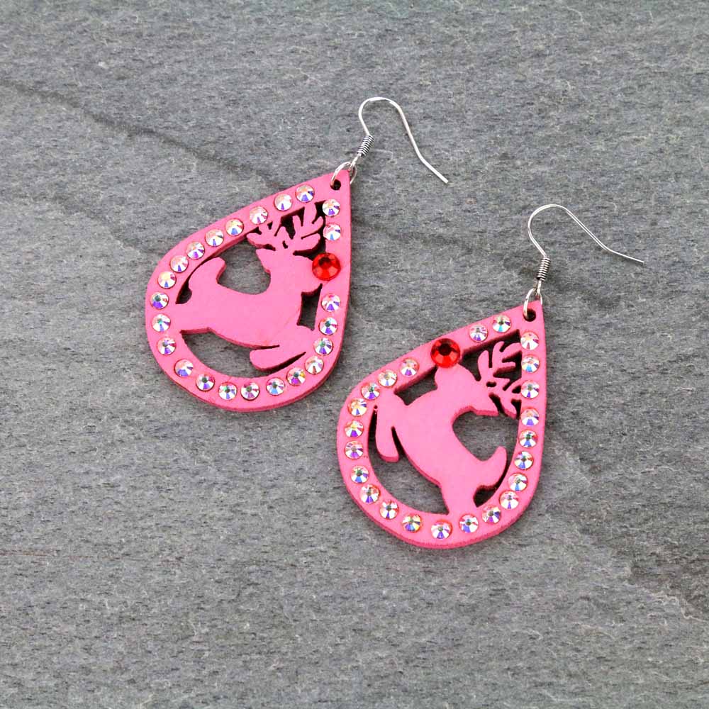 Christmas Rudolf Reindeer Wood Teardrop Dangle Earrings