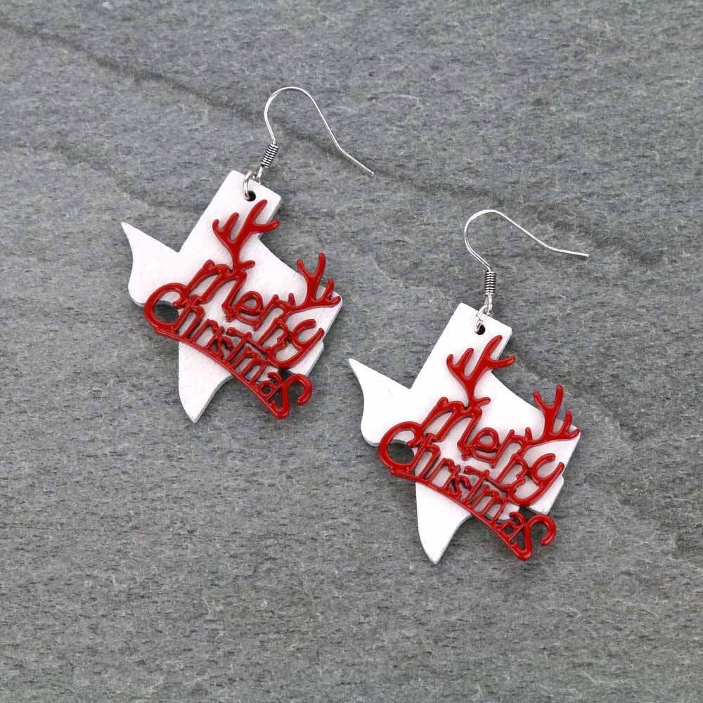 Christmas Texas Map Wood Dangle Earrings
