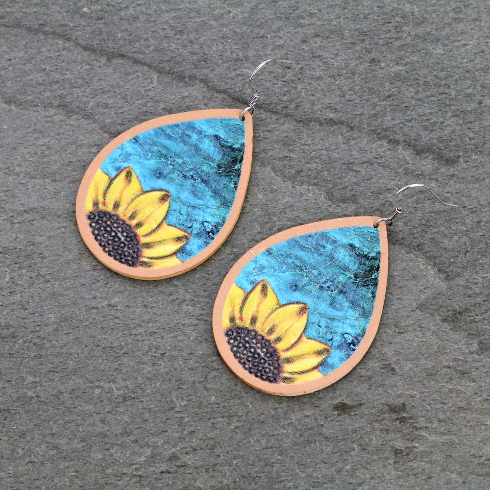 Sunflower Teardrop Leather Fish Hook Earrings