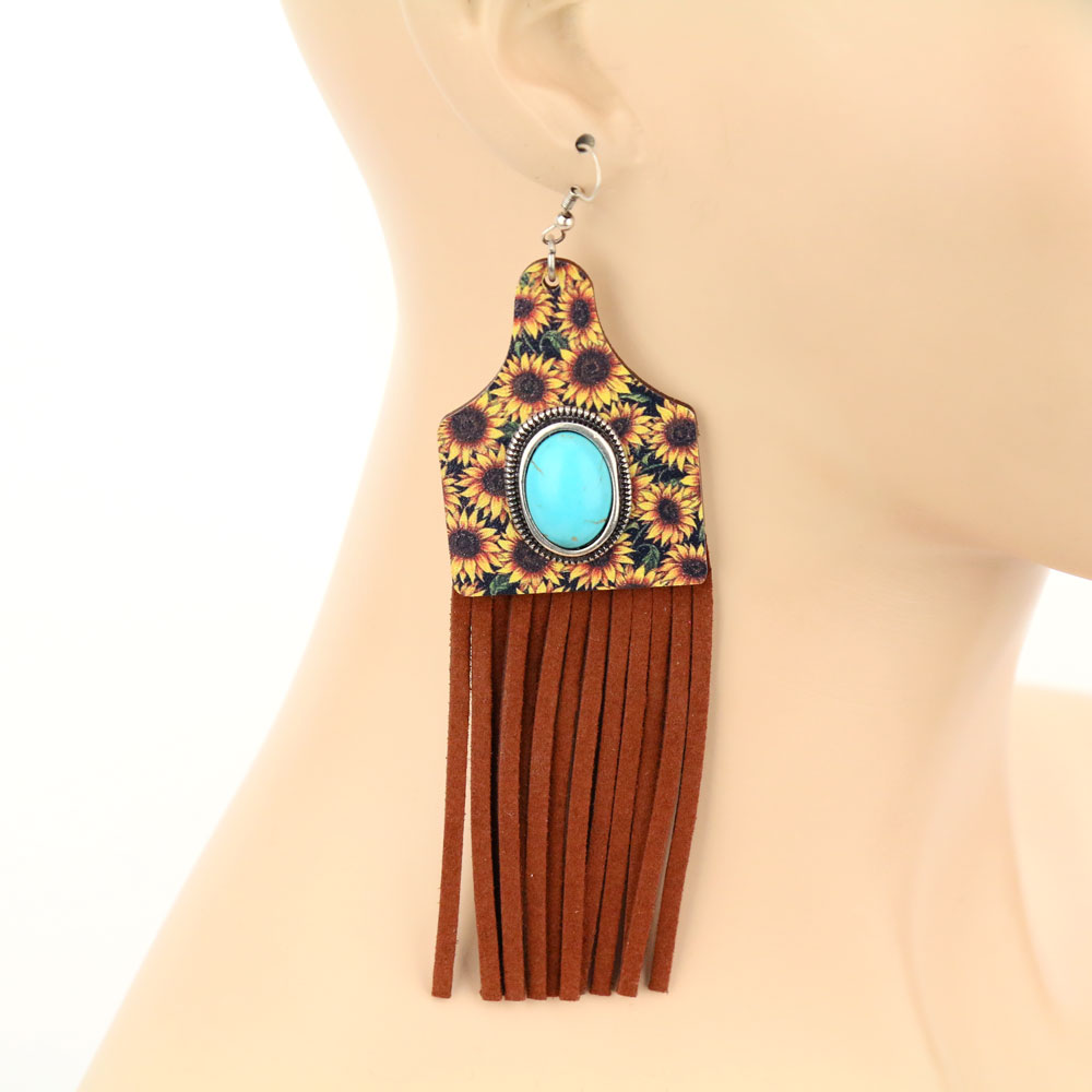 Sunflower Cattle Tag Wooden Tassel Earrings - Image 2
