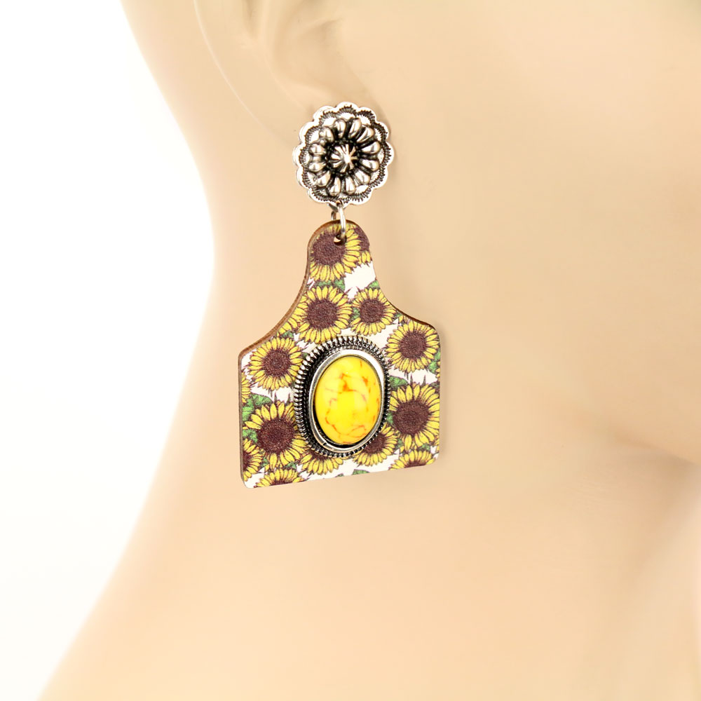 Sunflower Cattle Tag Wooden Stud Earrings - Image 2
