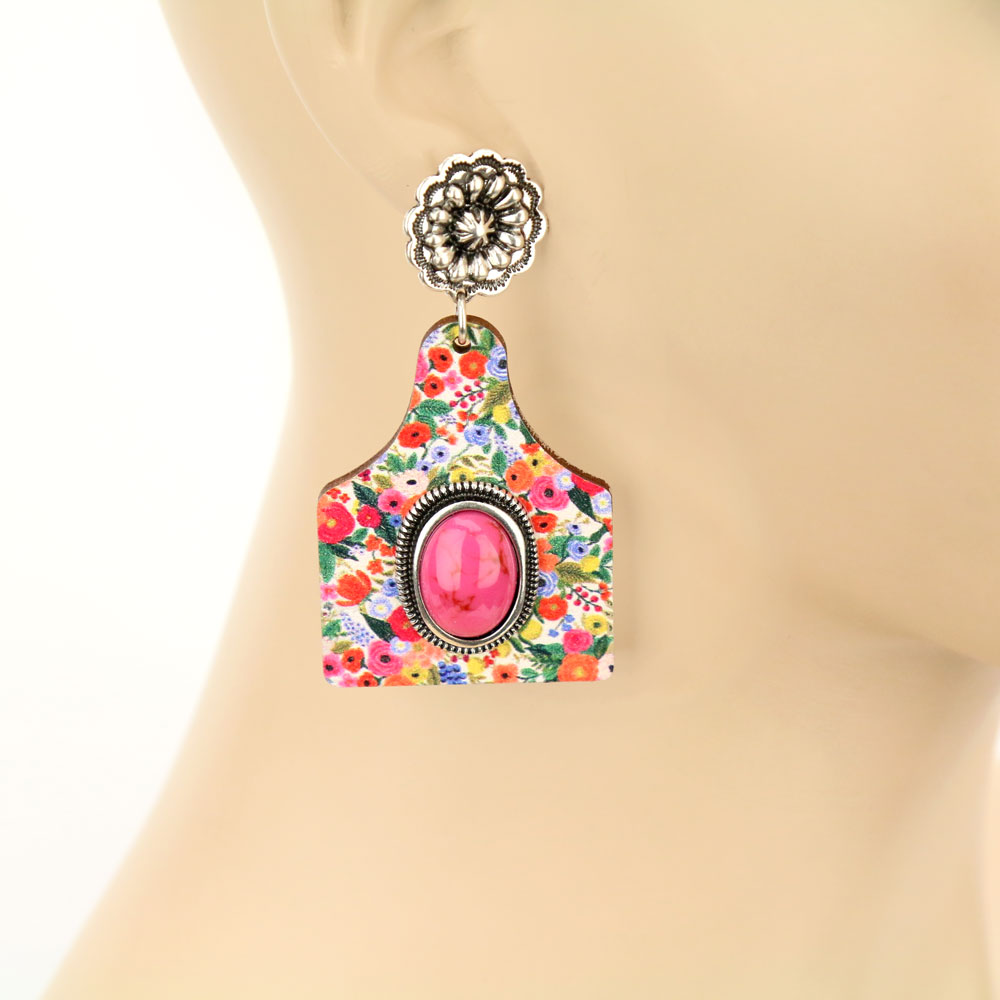 Floral Cattle Tag Wooden Stud Earrings - Image 2