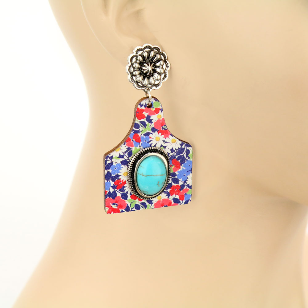 Floral Cattle Tag Wooden Stud Earrings - Image 2