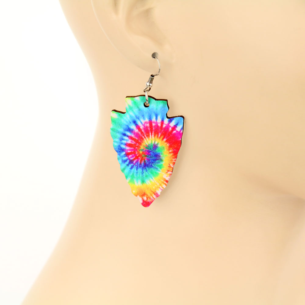 Tie Dye Arrowhead Wood Dangle Earrings - Image 2