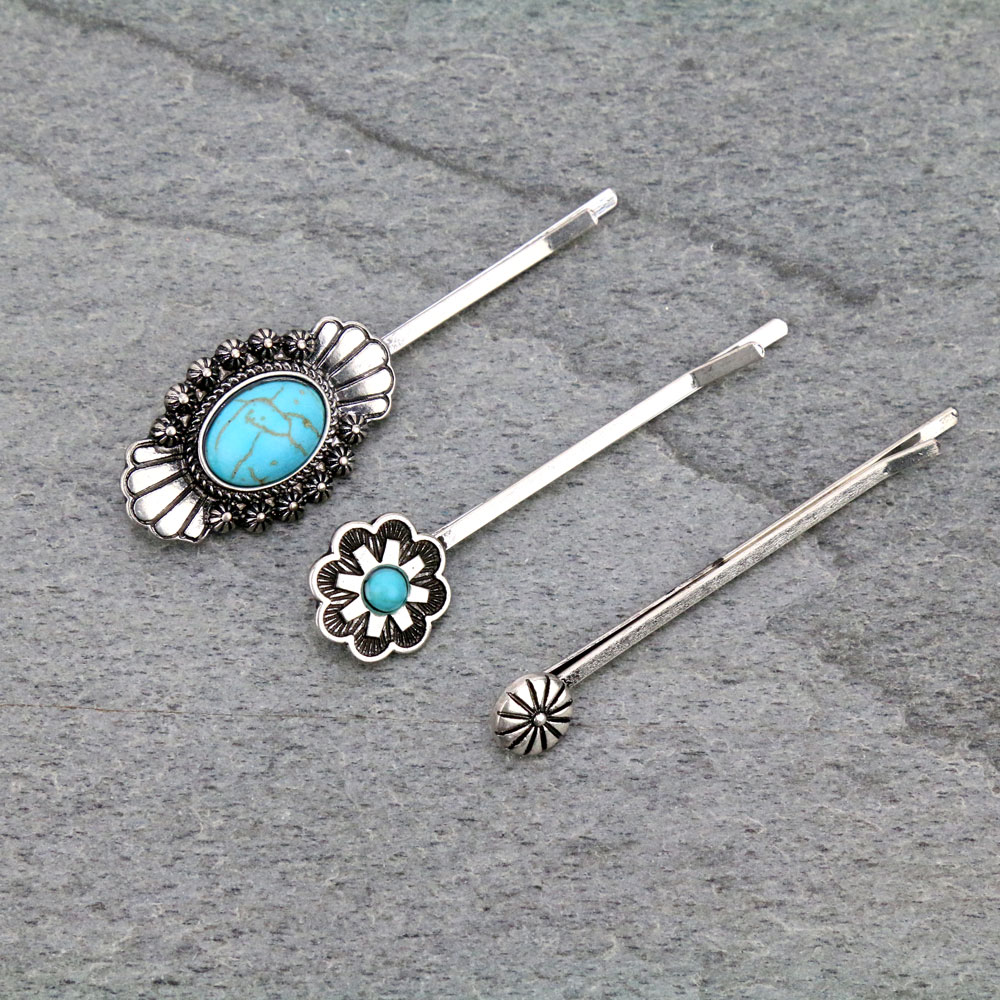Western Turquoise Bobby Pin of 3