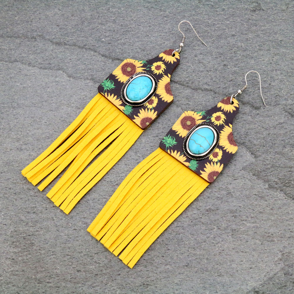 Sunflower Cattle Tag Wooden Tassel Earrings