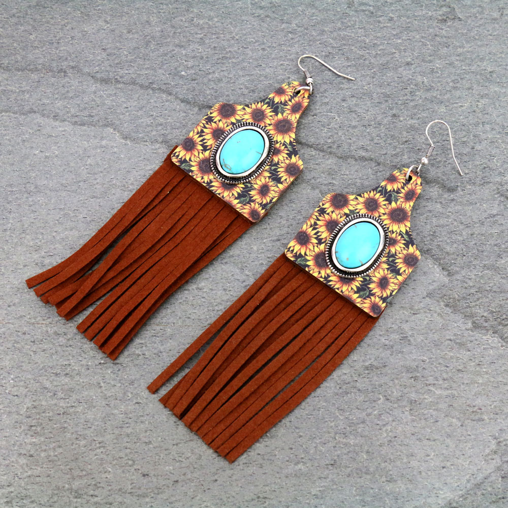 Sunflower Cattle Tag Wooden Tassel Earrings