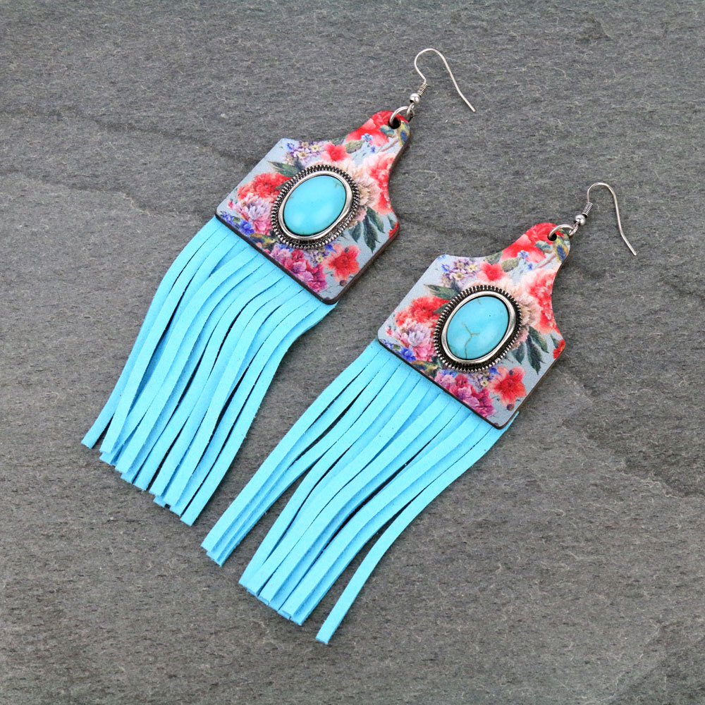 Floral Cattle Tag Tassel Wooden Tassel Earrings