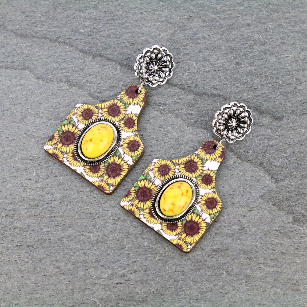 Sunflower Cattle Tag Wooden Stud Earrings