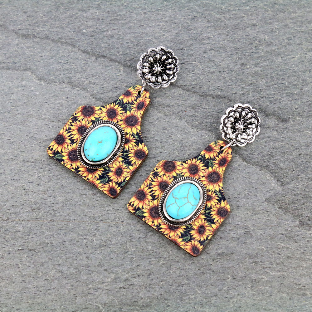 Sunflower Cattle Tag Wooden Stud Earrings