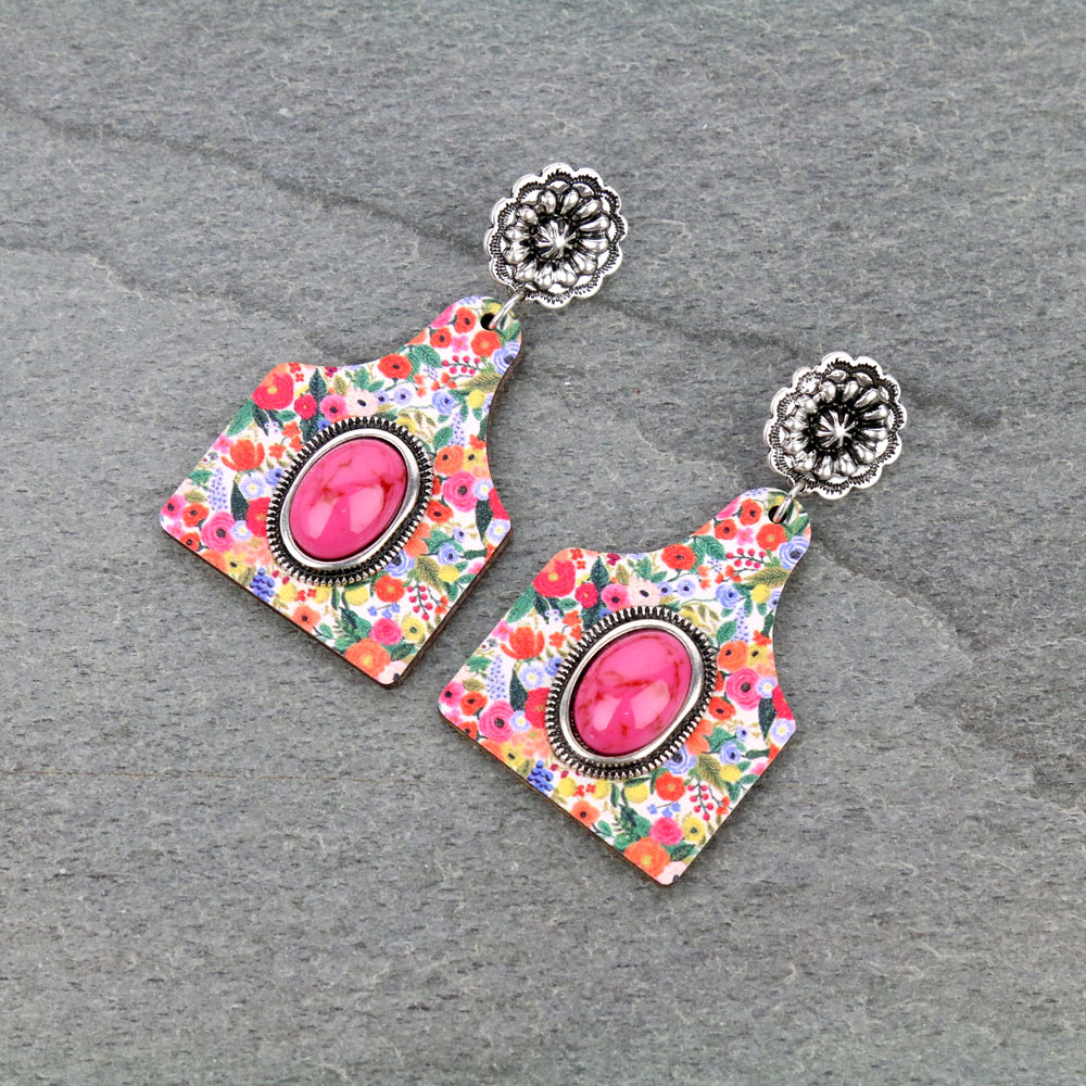 Floral Cattle Tag Wooden Stud Earrings