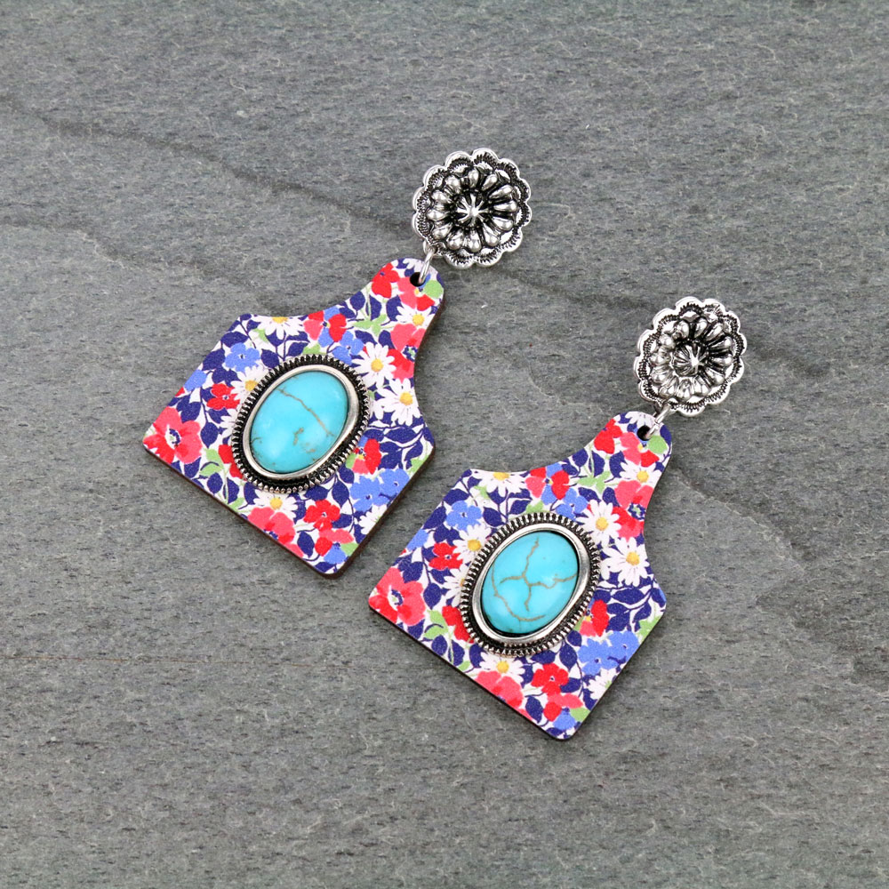 Floral Cattle Tag Wooden Stud Earrings