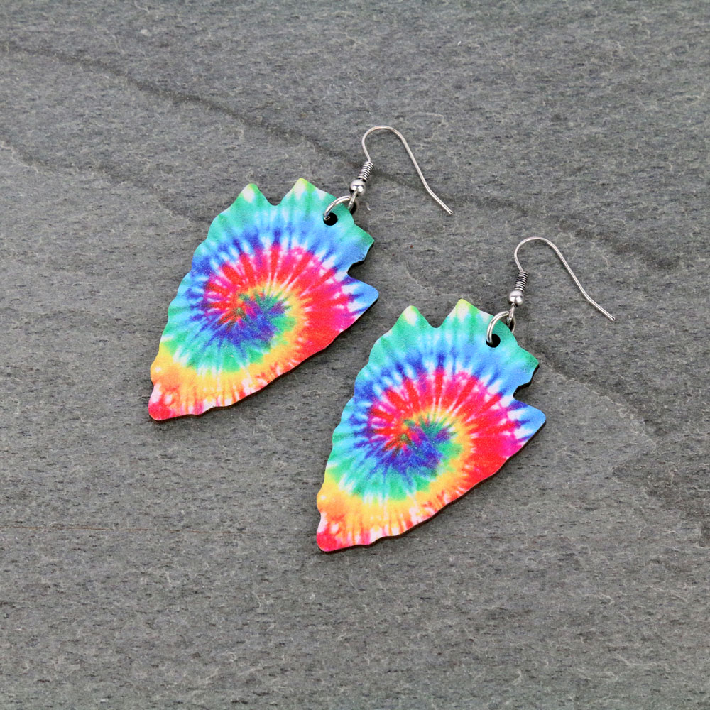 Tie Dye Arrowhead Wood Dangle Earrings