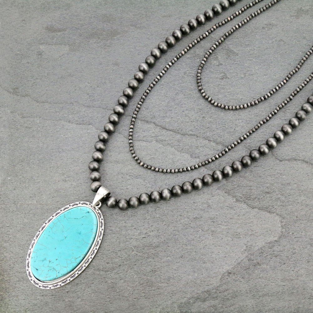 30" Long, Navajo Style Pearl & Natural Stone Pendant Necklace