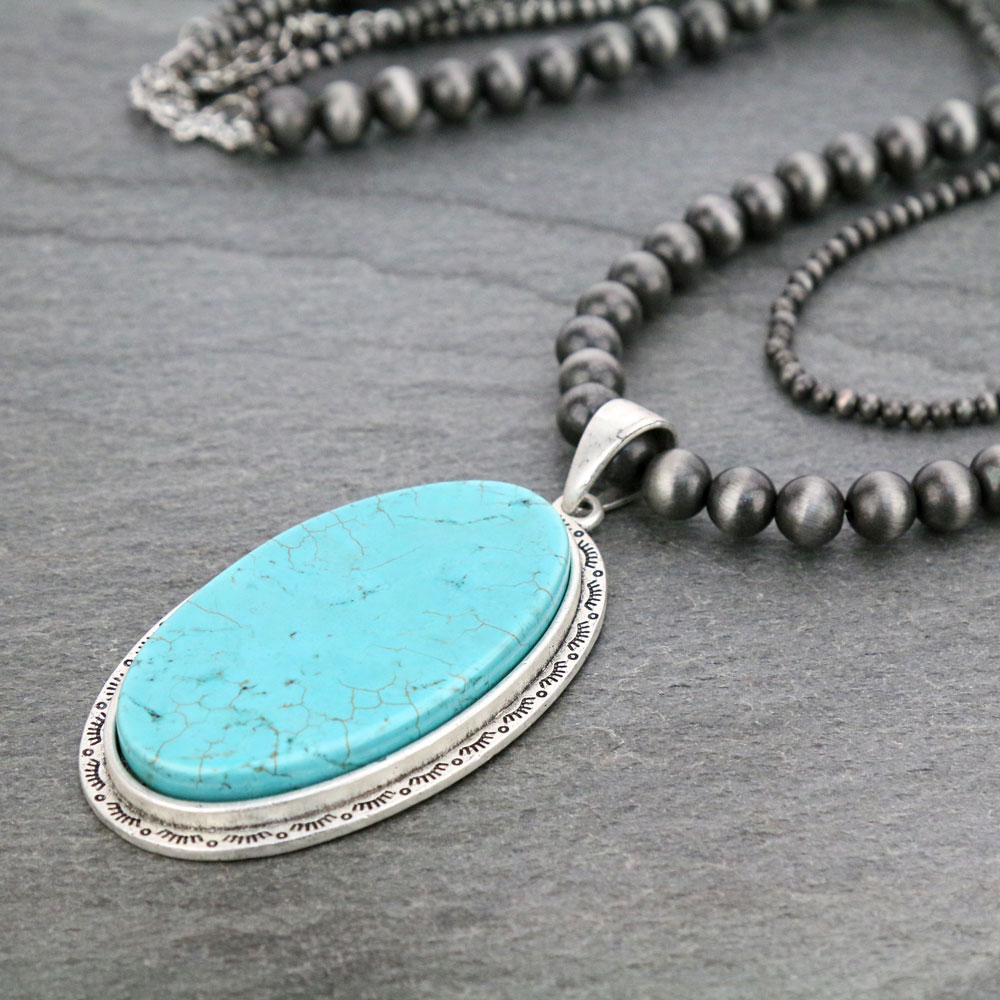 30" Long, Navajo Style Pearl & Natural Stone Pendant Necklace - Image 3