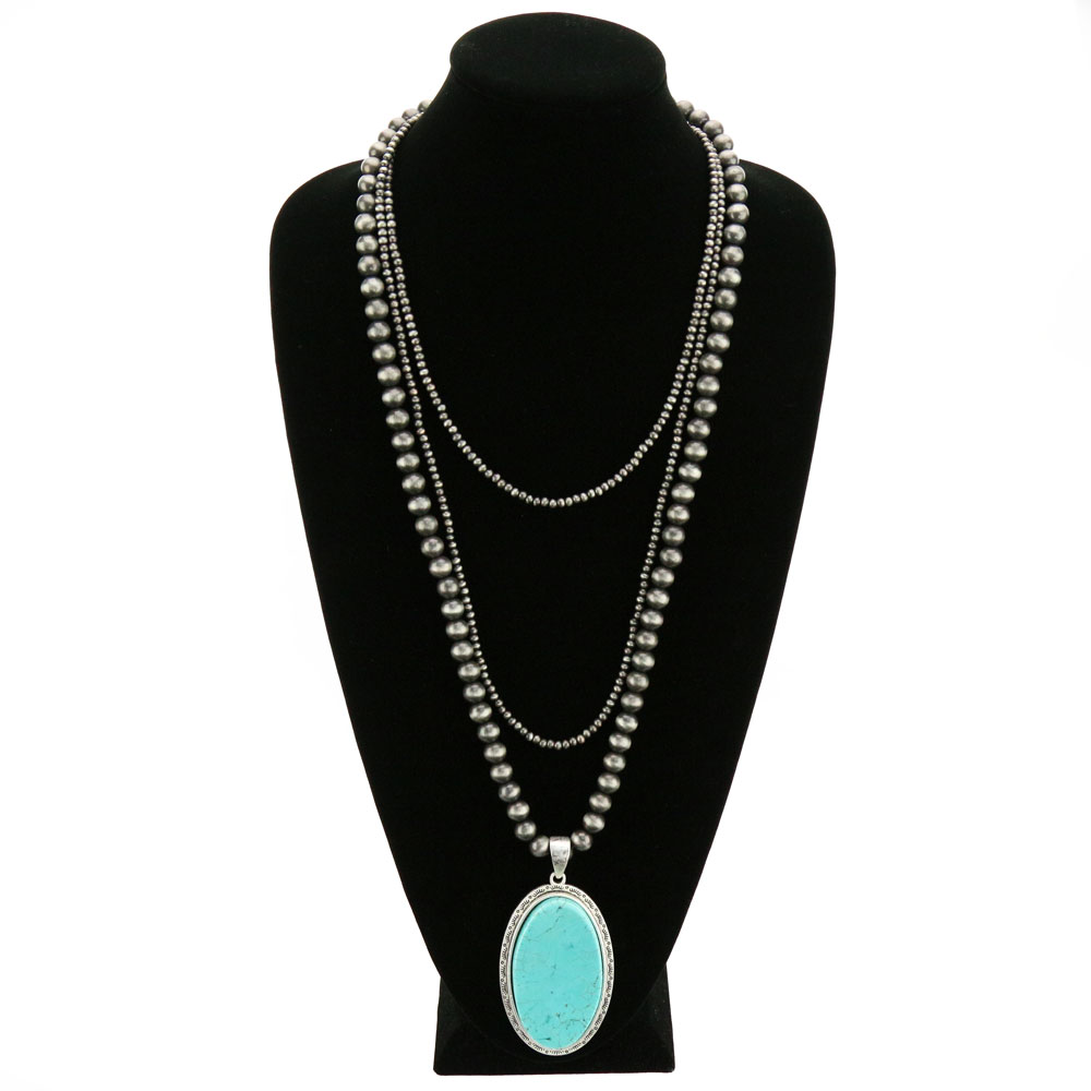30" Long, Navajo Style Pearl & Natural Stone Pendant Necklace - Image 2