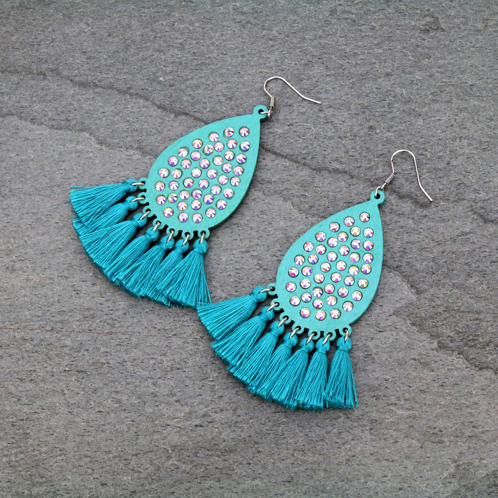 Teardrop Wood with Tassel Dangle Earrings