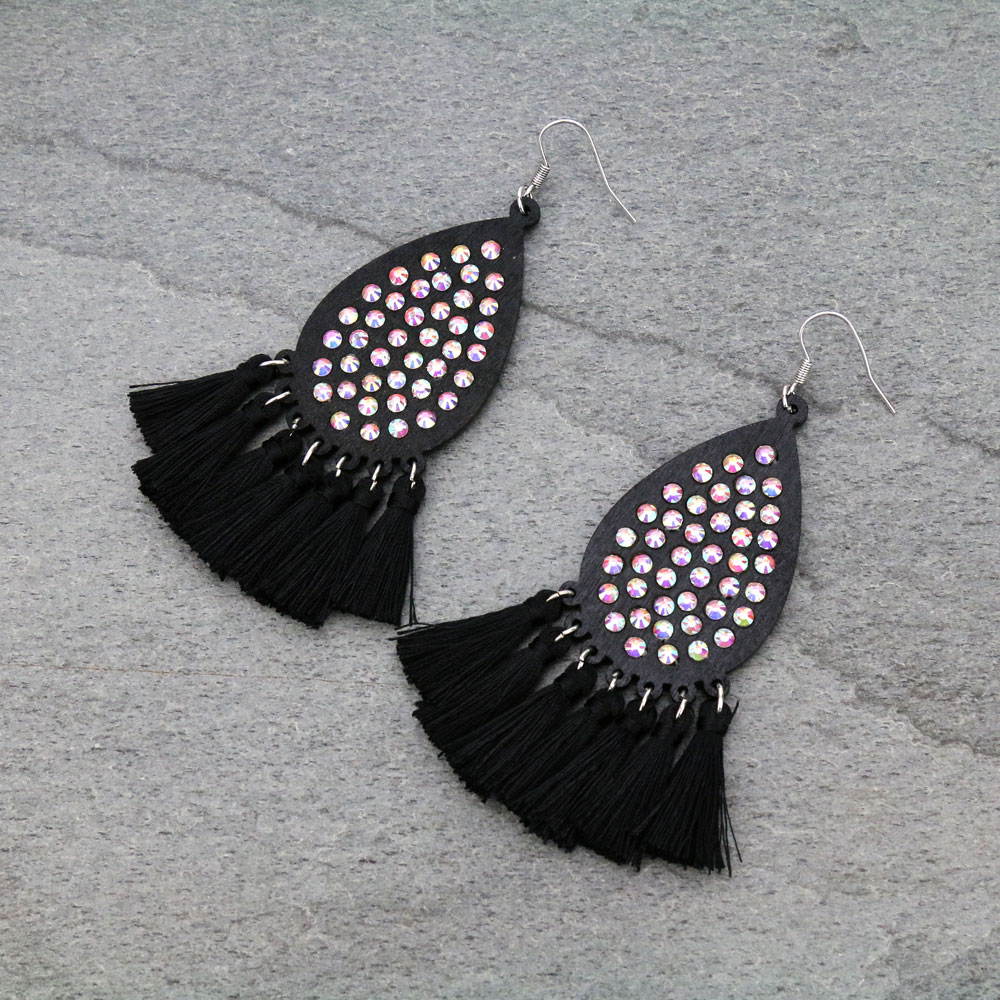 Teardrop Wood with Tassel Dangle Earrings