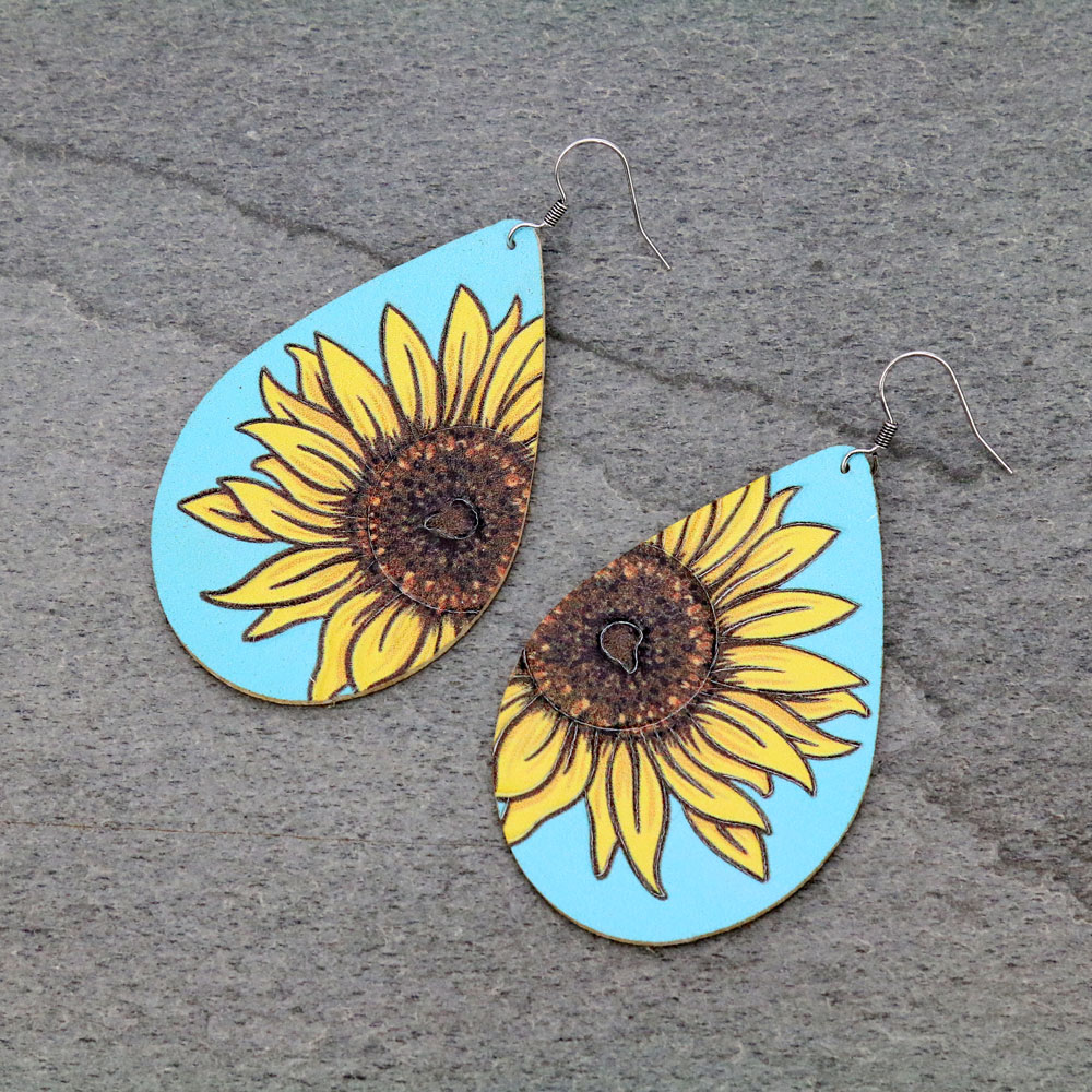 Sunflower Teardrop Leather Dangle Earrings