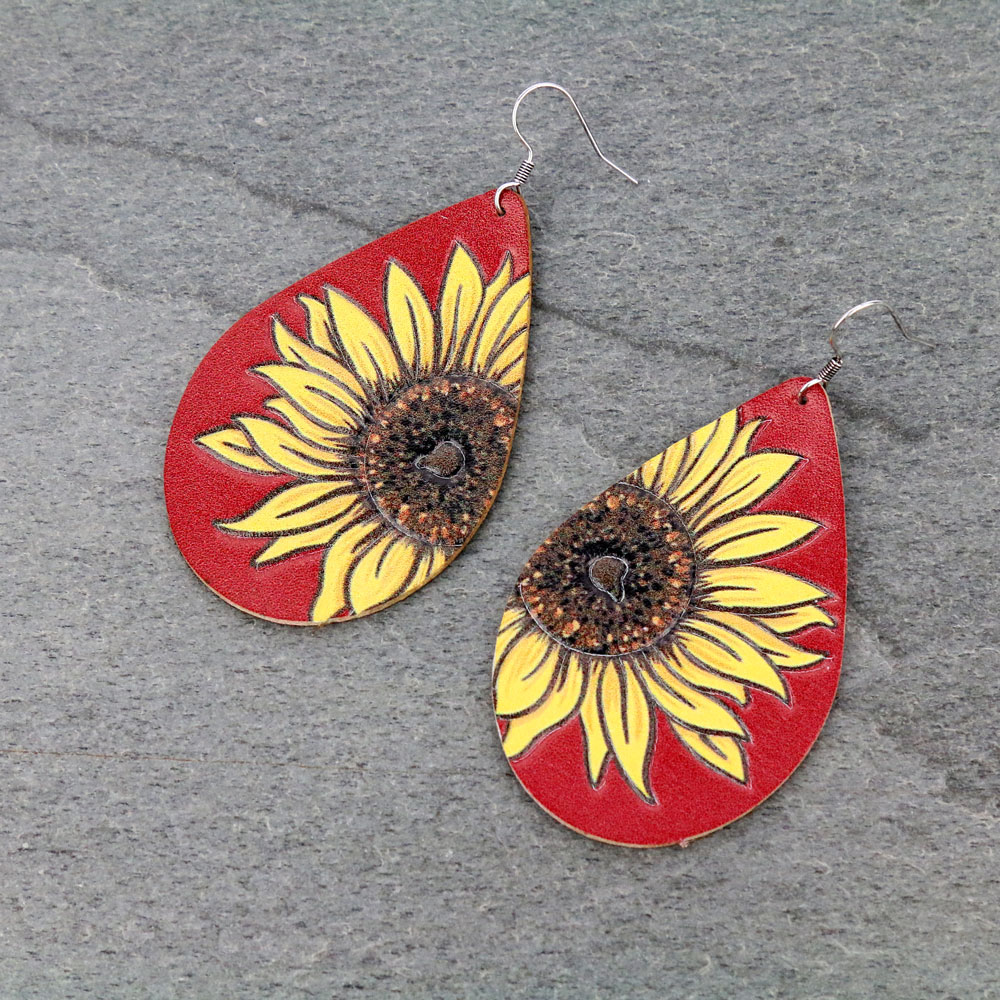Sunflower Teardrop Leather Dangle Earrings