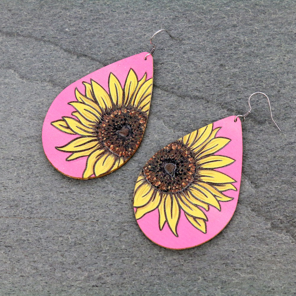 Sunflower Teardrop Leather Dangle Earrings