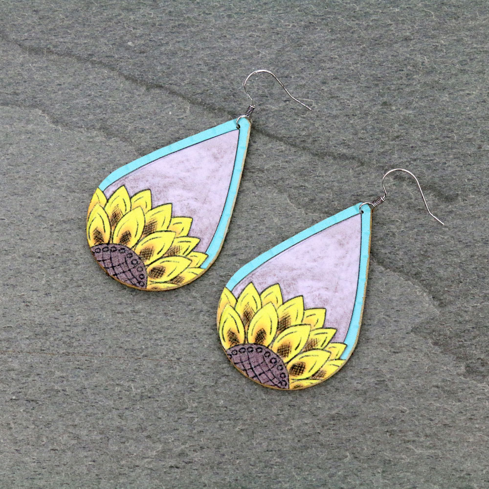 Sunflower Teardrop Leather Dangle Earrings