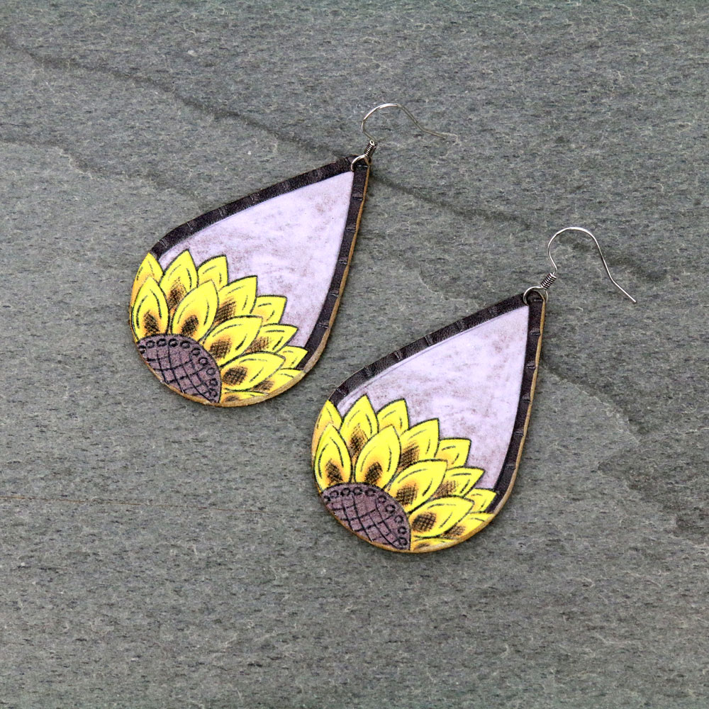 Sunflower Teardrop Leather Dangle Earrings