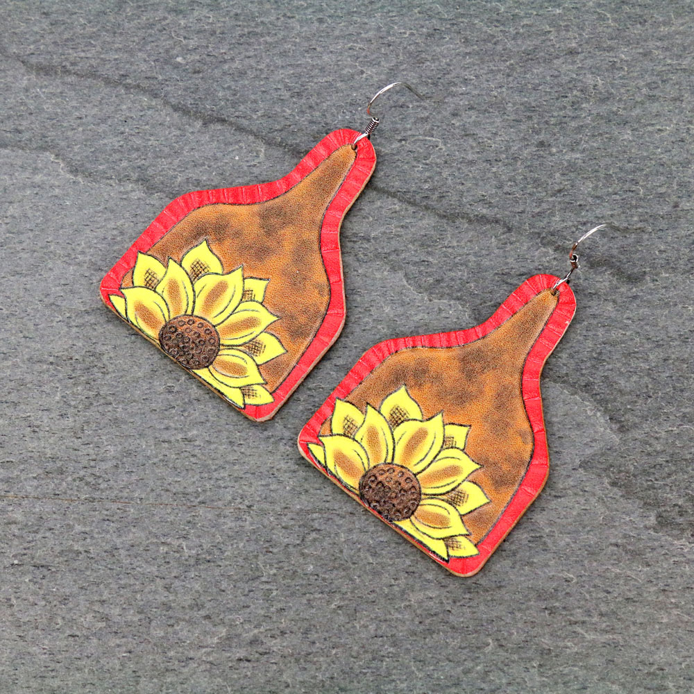 Sunflower Cattle Tag Leather Dangle Earrings