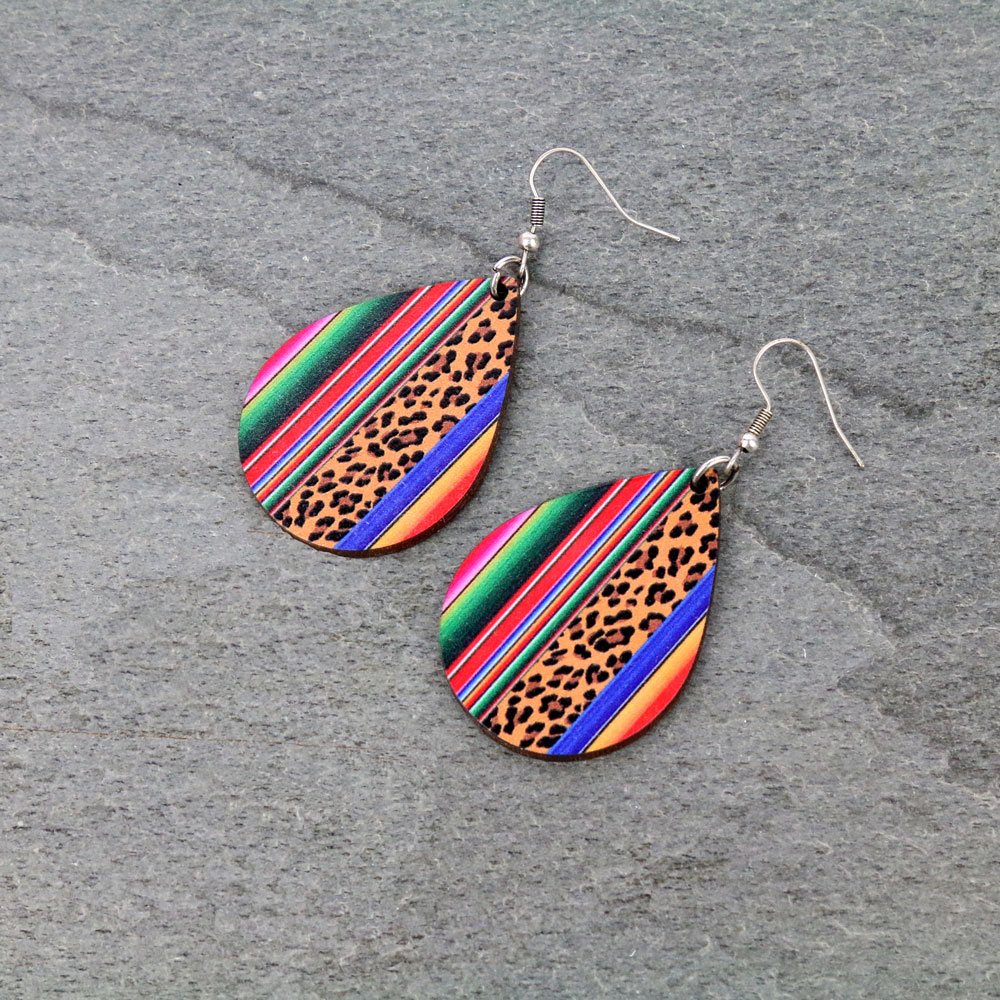 Serape and Leopard Teardrop Wood Fish Hook Earrings