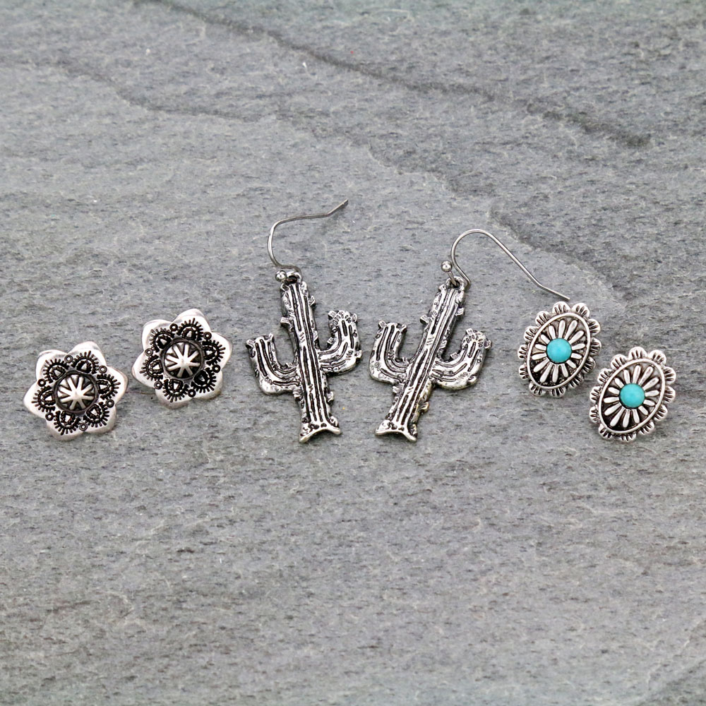 3 Pair Western Cactus Earring Set