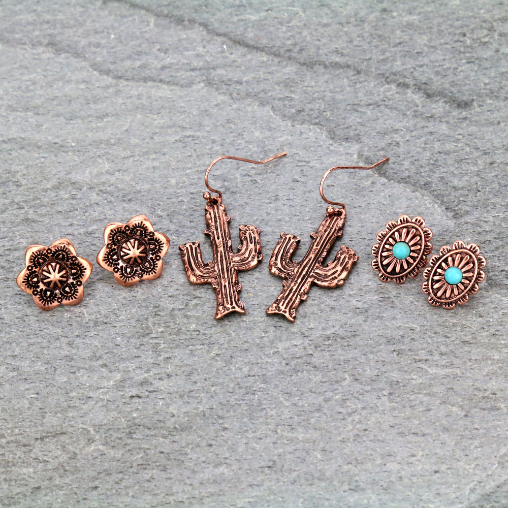 3 Pair Western Cactus Earring Set