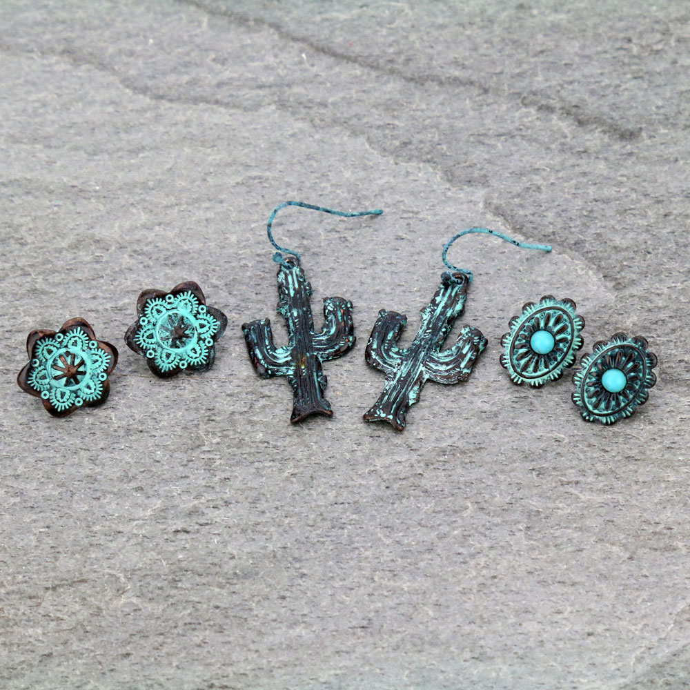 3 Pair Western Cactus Earring Set