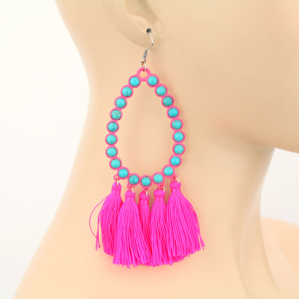Teardrop with Tassel Stone Dangle Earrings - Image 2