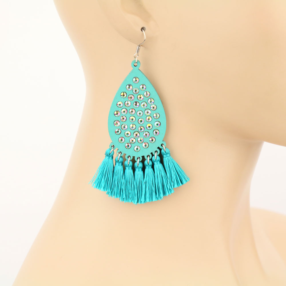 Teardrop Wood with Tassel Dangle Earrings - Image 2