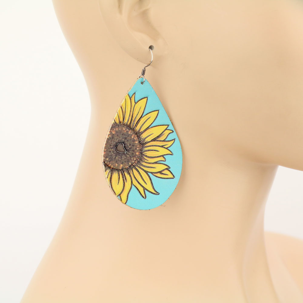 Sunflower Teardrop Leather Dangle Earrings - Image 2