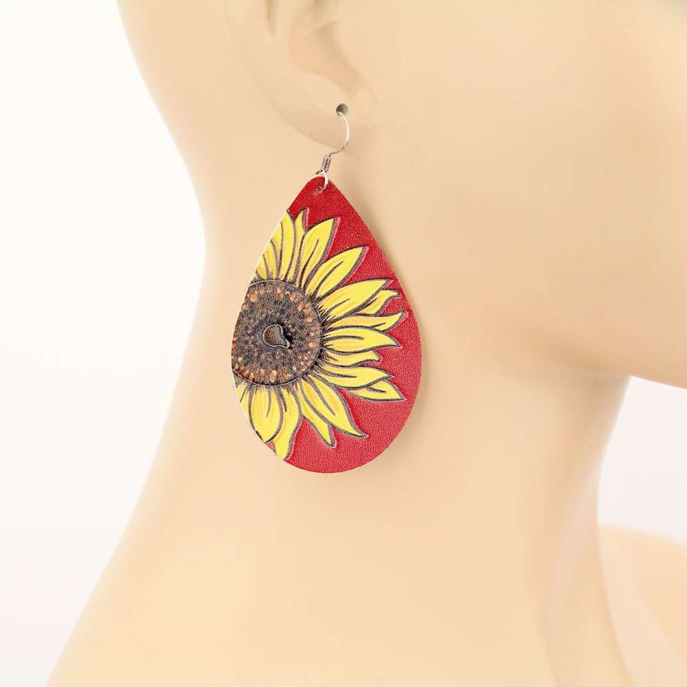 Sunflower Teardrop Leather Dangle Earrings - Image 2