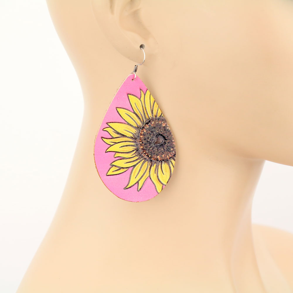 Sunflower Teardrop Leather Dangle Earrings - Image 2