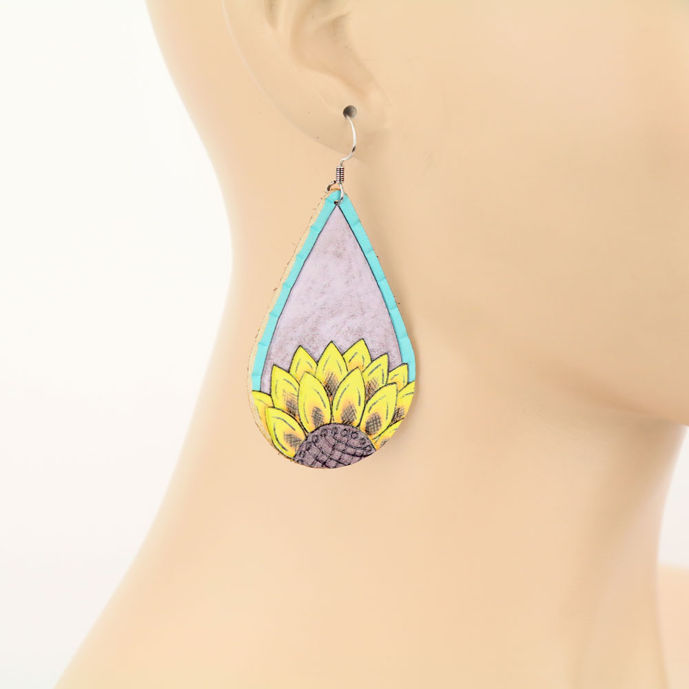 Sunflower Teardrop Leather Dangle Earrings - Image 2