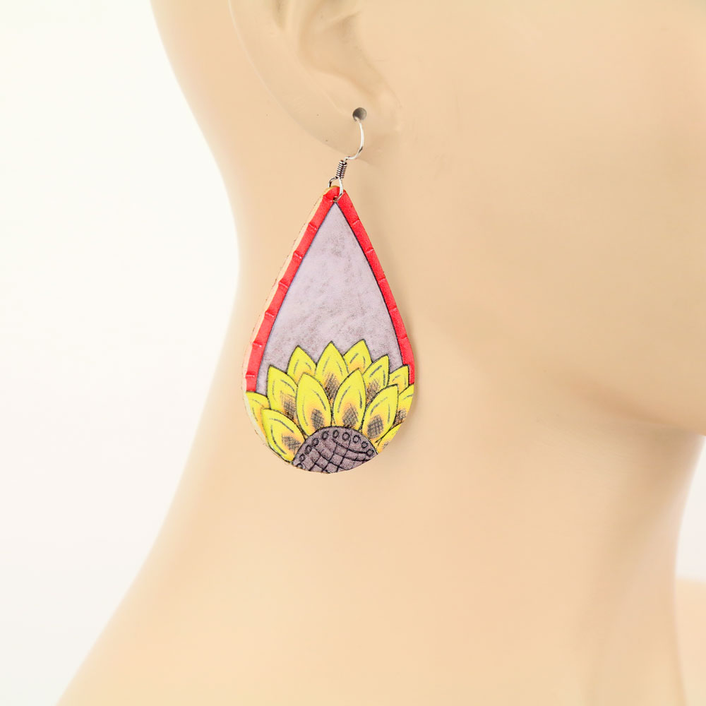 Sunflower Teardrop Leather Dangle Earrings - Image 2