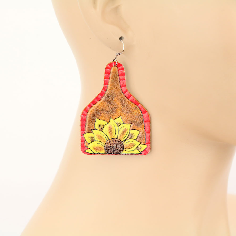Sunflower Cattle Tag Leather Dangle Earrings - Image 2