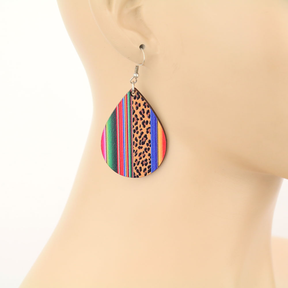 Serape and Leopard Teardrop Wood Fish Hook Earrings - Image 2