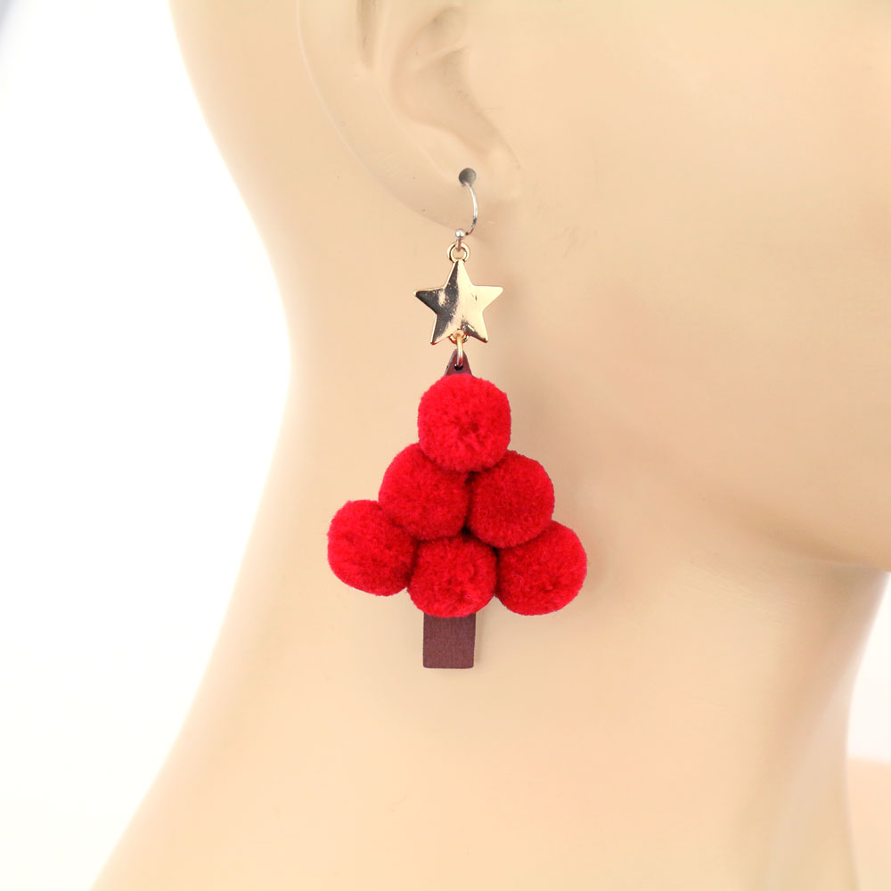Christmas Tree Pompom Dangle Earrings - Image 2
