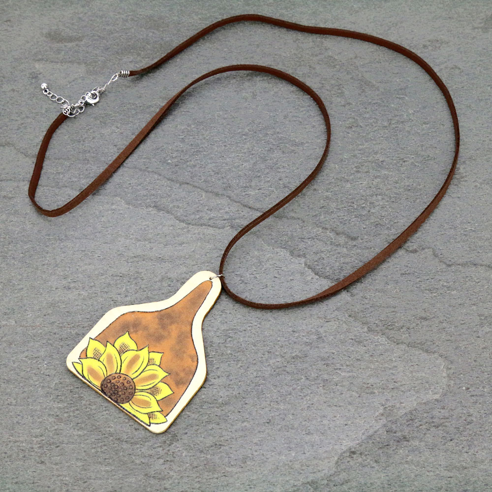 Sunflower Cattle Tag Leather Necklace