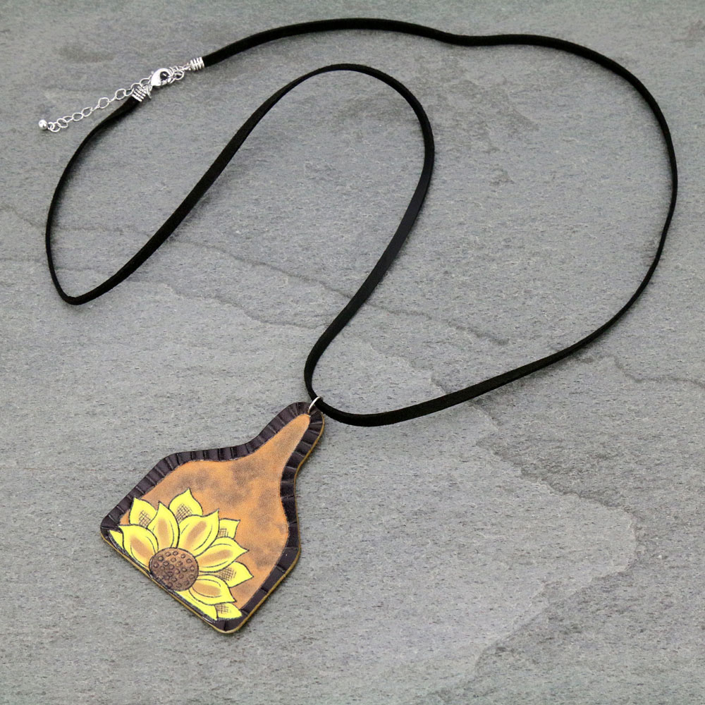 Sunflower Cattle Tag Leather Necklace