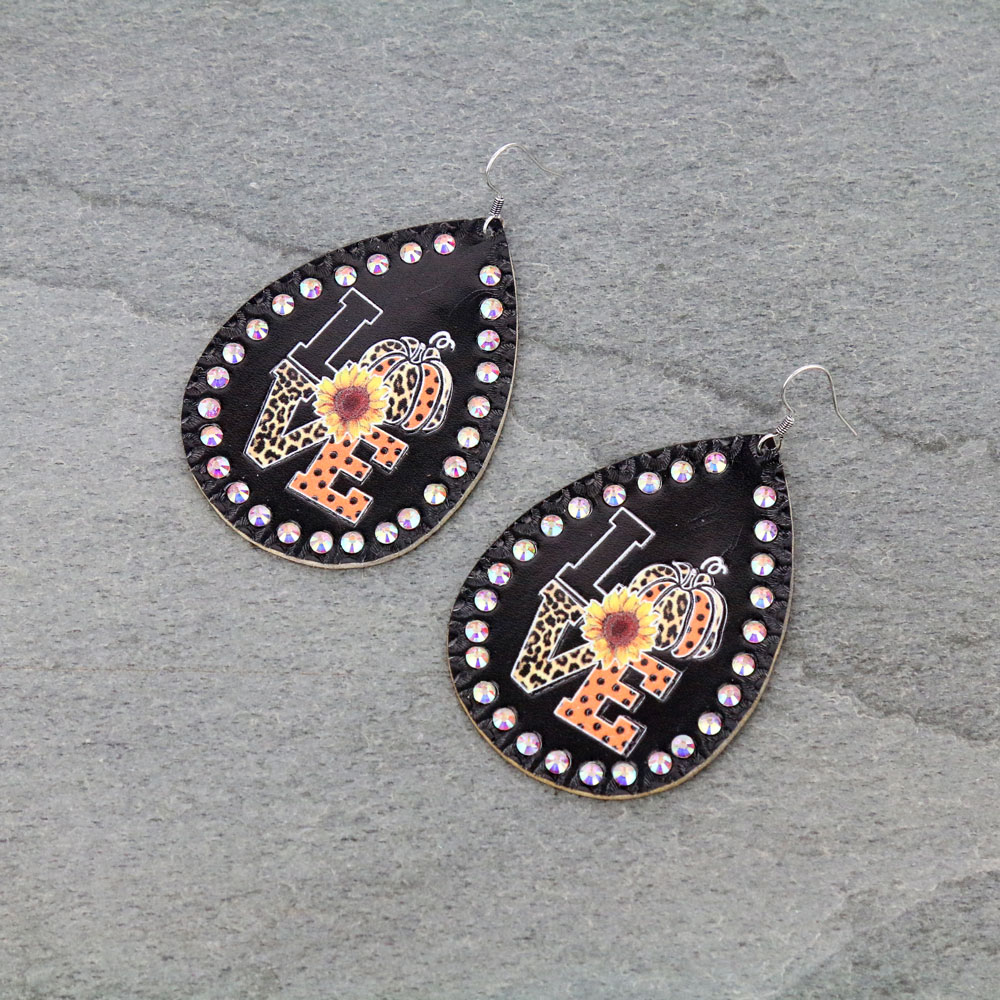 Teardrop "LOVE" Pumpkin Leather Dangle Earrings