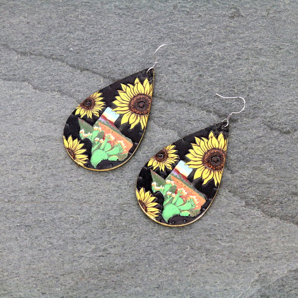 Sunflower Teardrop Leather Dangle Earrings