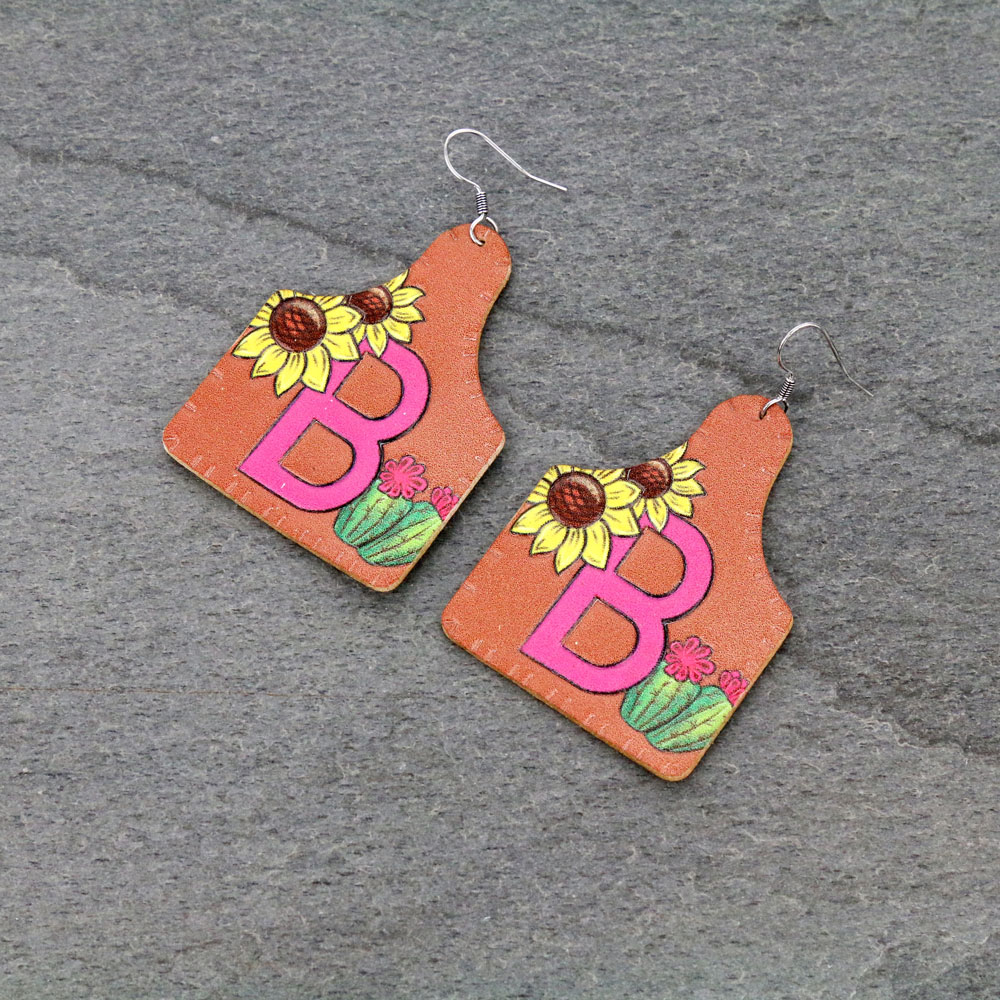 Initial Cattle Tag Leather Dangle Earrings