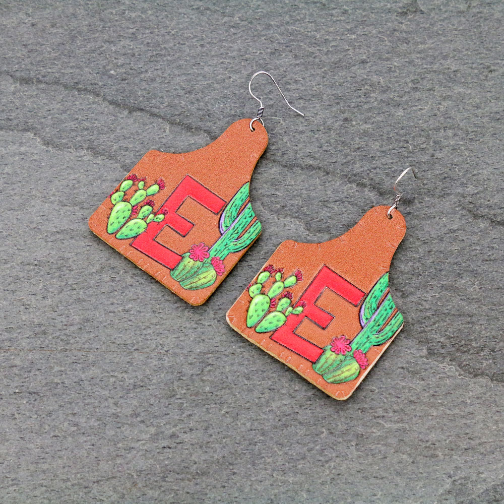 Initial Cattle Tag Leather Dangle Earrings
