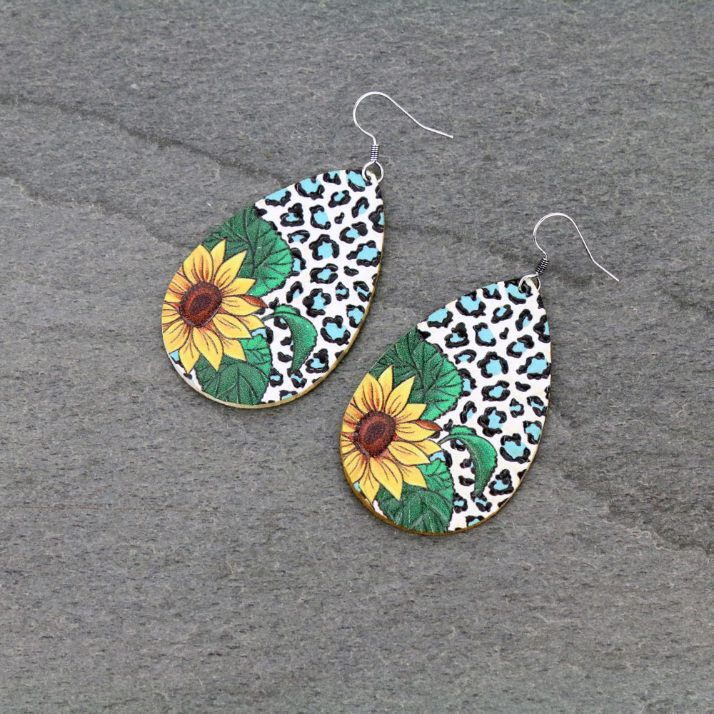 Leopard Sunflower Teardrop Leather Dangle Earrings